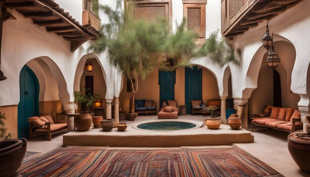 a room with a fountain and a large rug with a tree in it