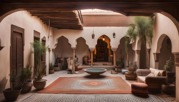 a room with a fountain and a rug with a fountain in it