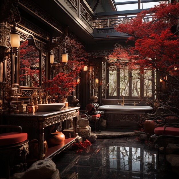 a room with a fountain and a tree with red leaves on the top