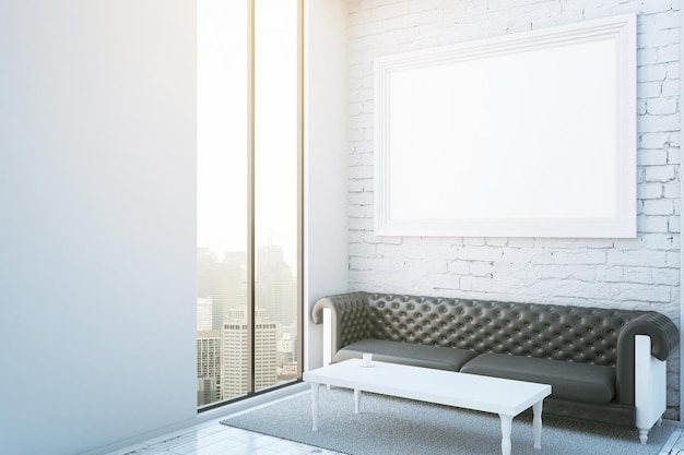 Room with frame couch and city view