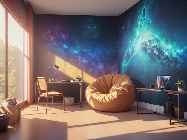 A room with a galaxy mural on the wall