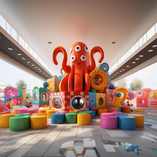 Photo a room with a giant octopus and the word octopus on the wall