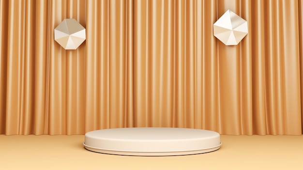 A room with a gold curtain and a round podium in front of it.