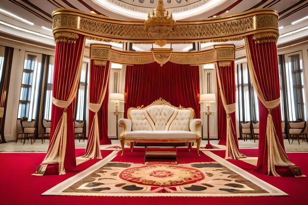 A room with a gold and red carpet and a white couch