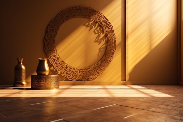 Photo a room with a golden circle on the wall and a vase with a flower on it.