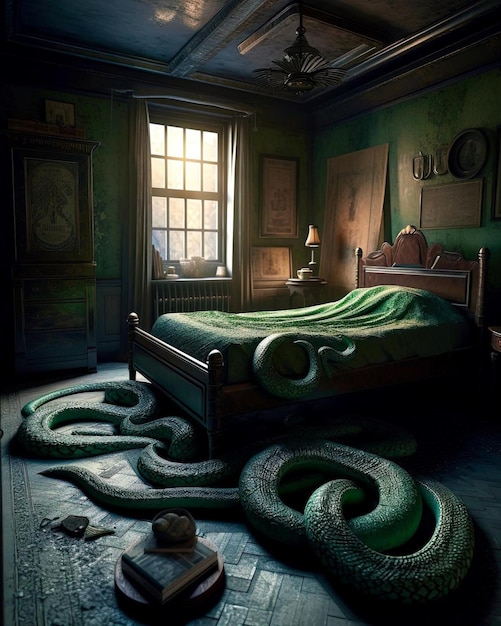 A room with a green bed with a green blanket and a green bed with a green blanket on it.