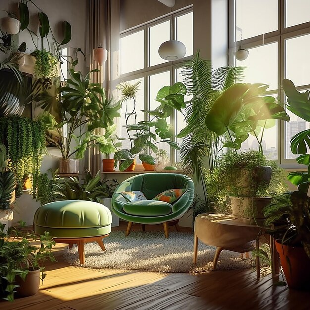 a room with a green chair and a green chair with a green cushion.