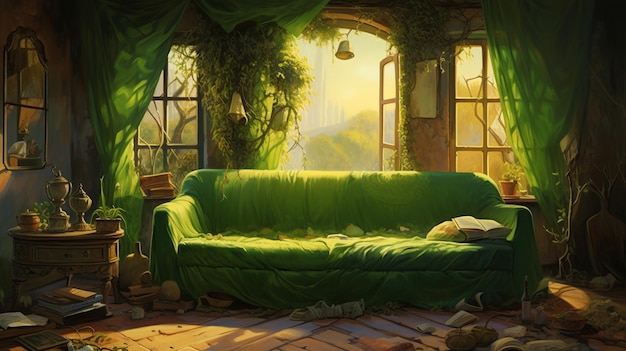 a room with a green couch and a green couch.