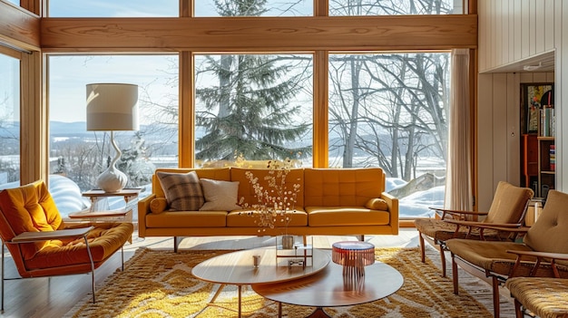 room with a green couch and orange chairs and a large window