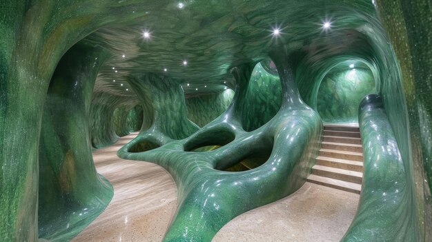 A room with a green floor and stairs leading to it ai