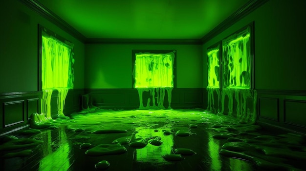 緑色のライトと壁に緑色のライトがある部屋。