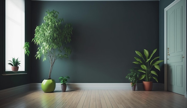 A room with a green wall and plants