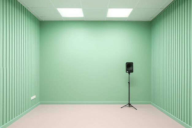 A room with a green wall and a speaker on the floor.