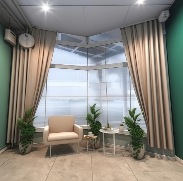 A room with a green wall and a white chair and a white table