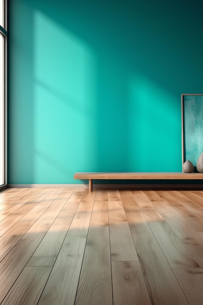 A room with a green wall and a wooden bench.