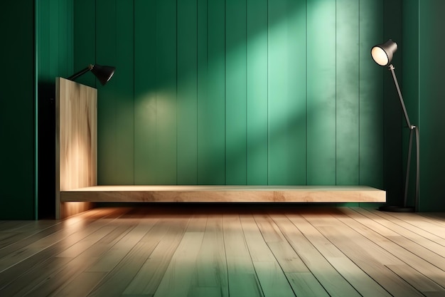 A room with a green wall and a wooden shelf with a lamp on it