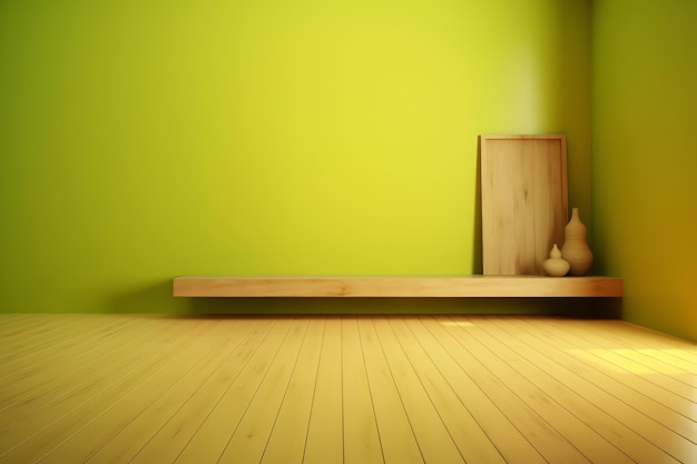 緑の壁と花瓶と花瓶が置かれた木製の棚のある部屋。
