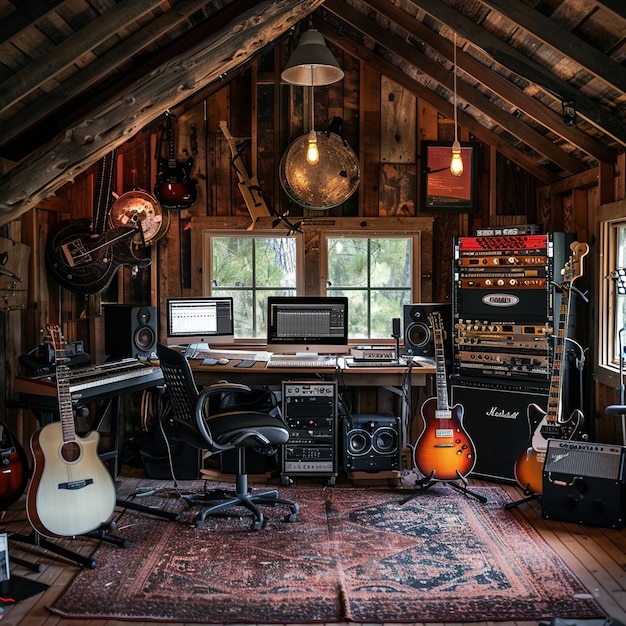 a room with a guitar and a guitar in it