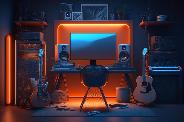 A room with a guitar and a monitor that says'guitar'on it