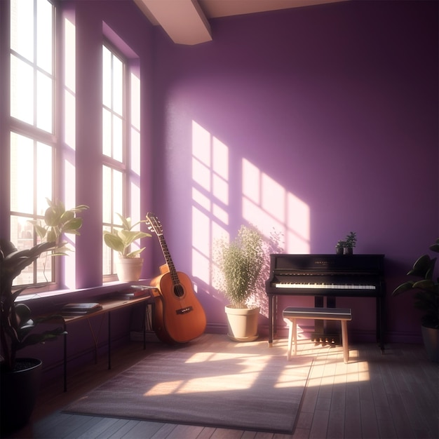A room with a guitar and a piano in it