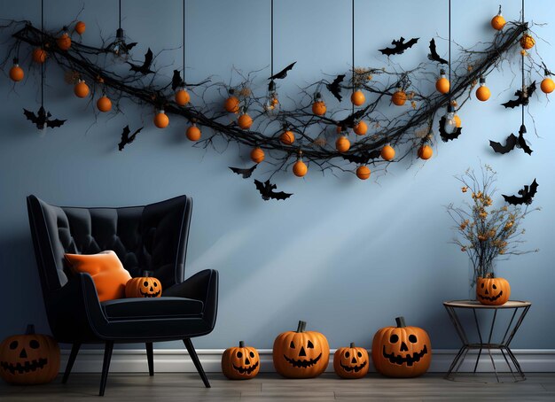room with halloween decorations and a couch