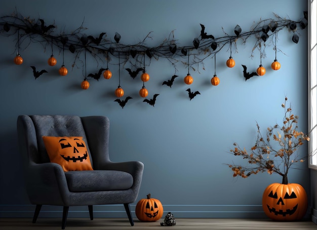 room with halloween decorations and a couch