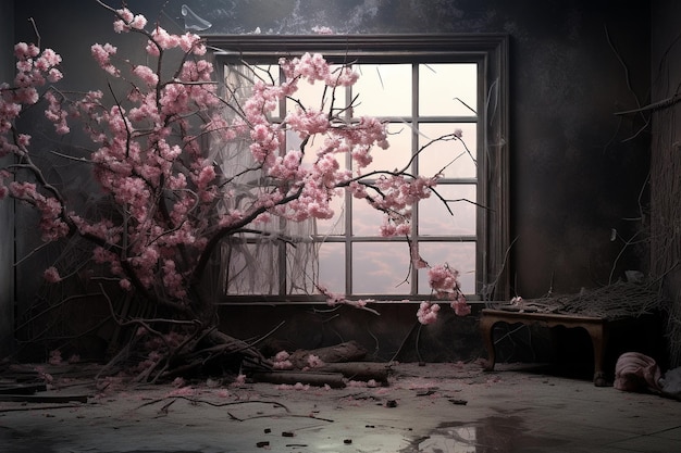 Foto stanza con un enorme albero di ciliegio in fiore