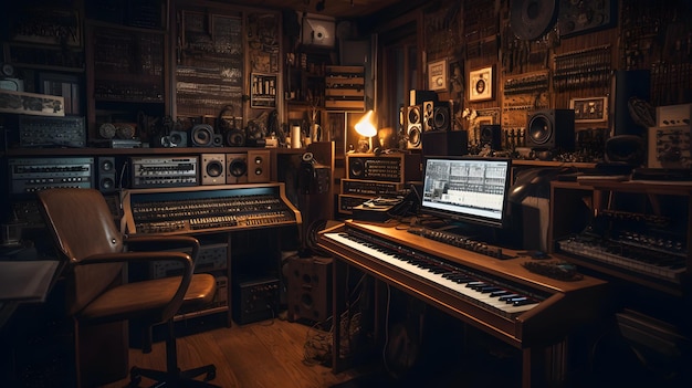 A room with a keyboard and a clock on the wall