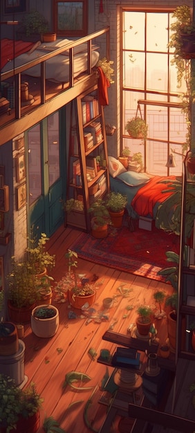 A room with a ladder and plants on the floor