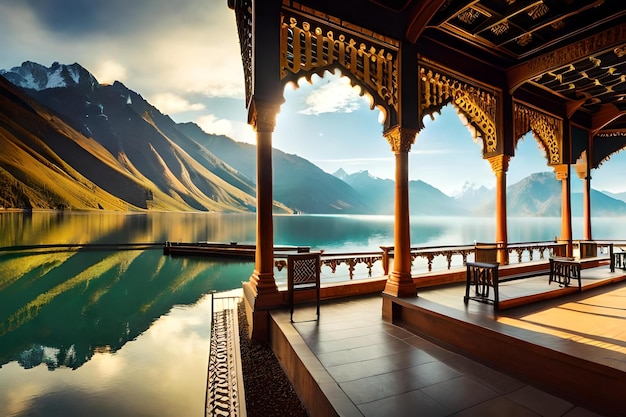 Photo a room with a lake and mountains in the background.