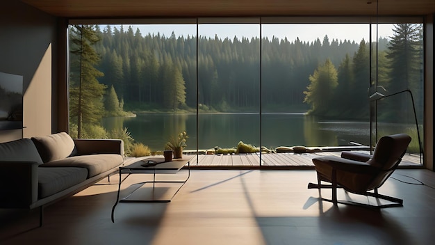 Photo a room with a lake and a view of a forest