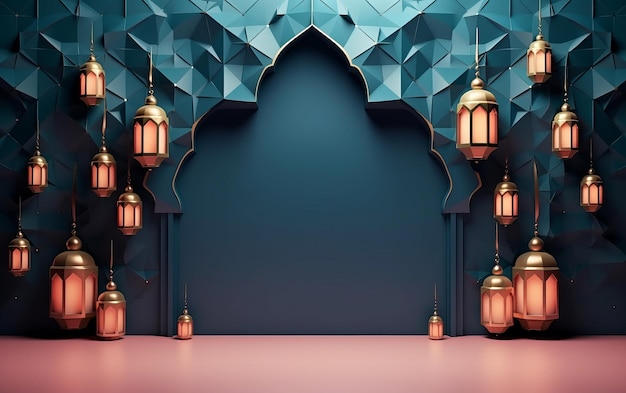 A room with lanterns and a blue background with a place for text.