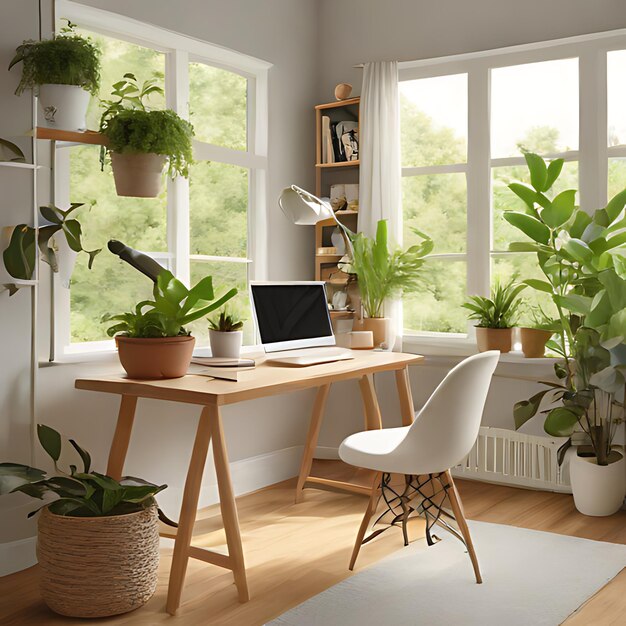 a room with a laptop and plants on the desk