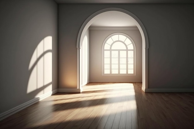 A room with a large arched window and a light on the ceiling.