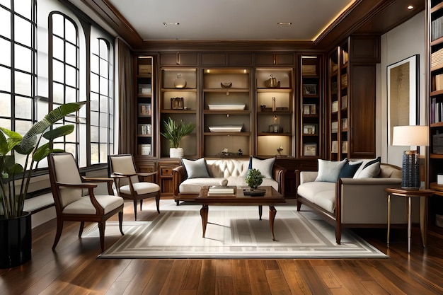 A room with a large bookcase, a couch, a coffee table, and a large window with a plant on the shelves.