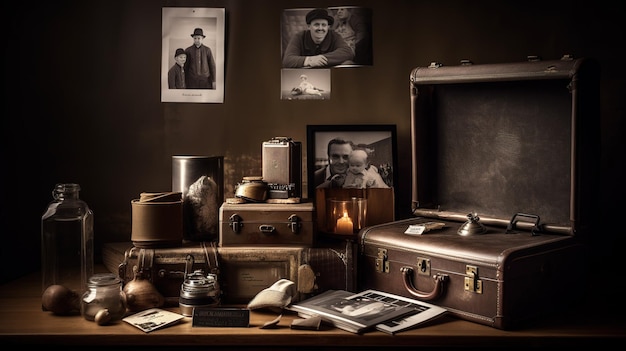 A room with a large brown suitcase and a picture of a man on the wall