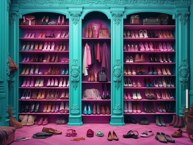 A room with a large closet with a turquoise door that says chanel.