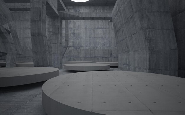 A room with a large concrete structure and a round light on the ceiling.