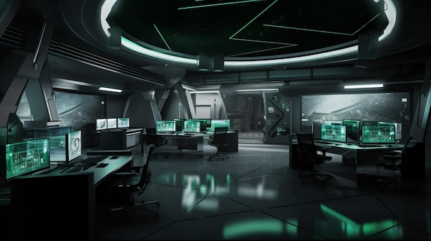 A room with a large dome and a large green desk with many monitors on it.