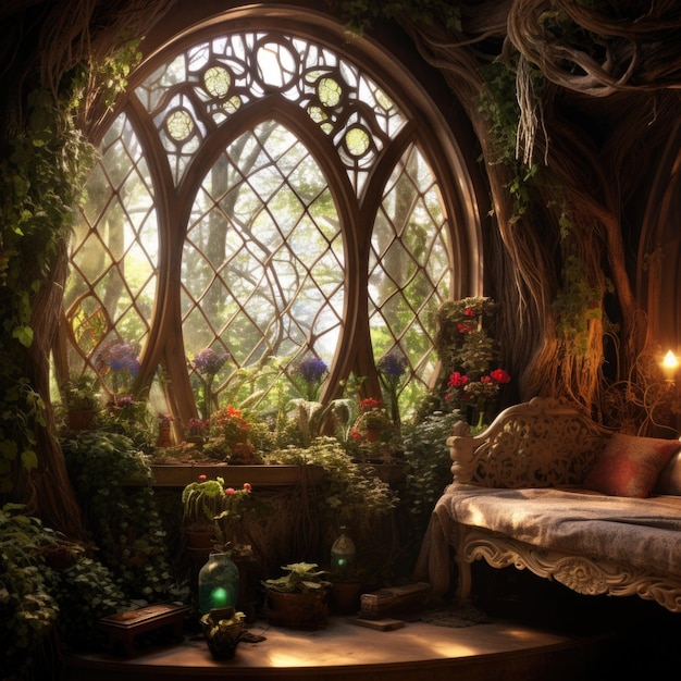 room with a large fancyshaped window in a fairytale room