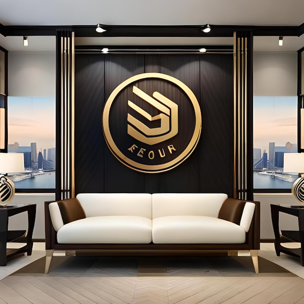 A room with a large logo and a large gold circle with a picture of a cityscape in the background.