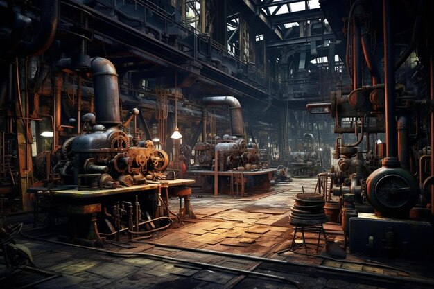 a room with a large metal structure and a large industrial machine in the middle