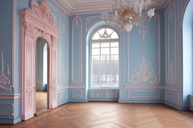 A room with a large mirror and a large mirror