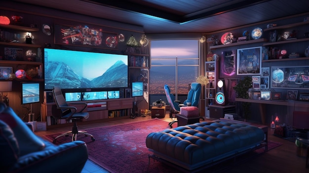 A room with a large monitor and a couch with a game on it.