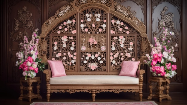 A room with a large ornate bench and a wall of flowers.