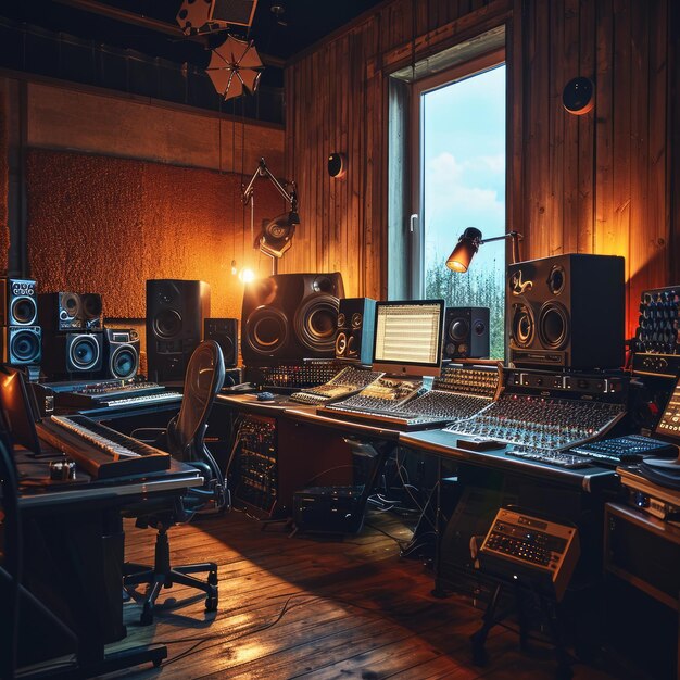 a room with large speakers and monitors