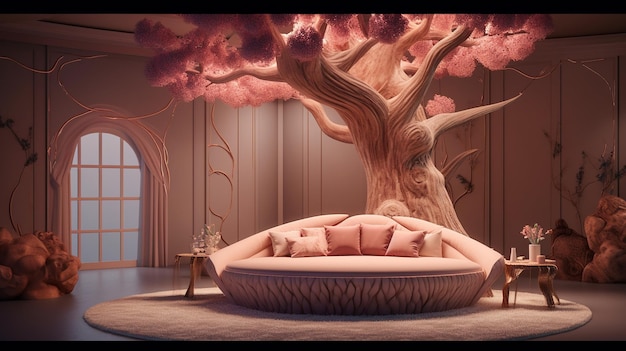 A room with a large tree and a couch in the middle of it