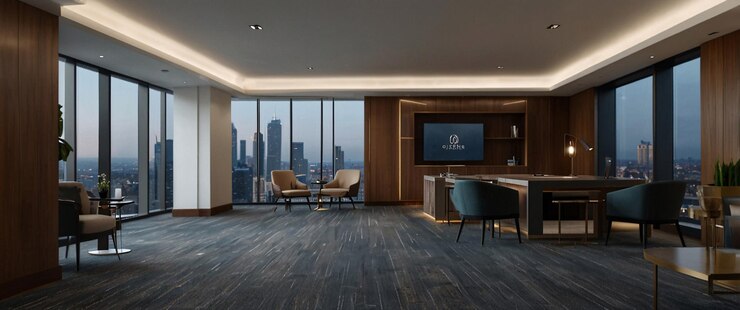 Photo a room with a large tv and a large screen that says quot welcome to the city quot