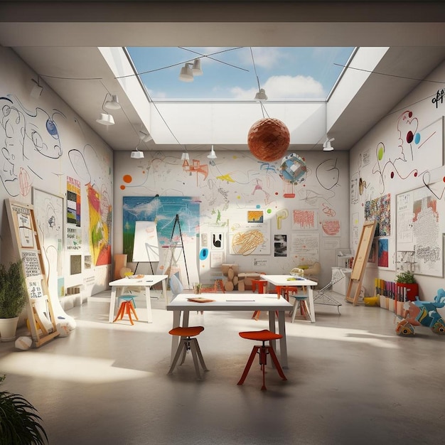 Foto una stanza con una grande parete con sopra una grande immagine dell'opera d'arte di un bambino.