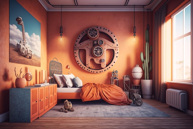 A room with a large wheel and a clock on the wall